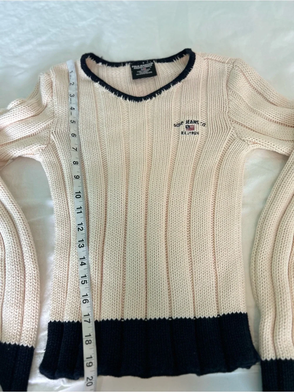 VTG Y2K Polo Jeans Co Ralph Lauren Flag Knit Sweater Cream Navy Blue Trim Small - Picture 7 of 8